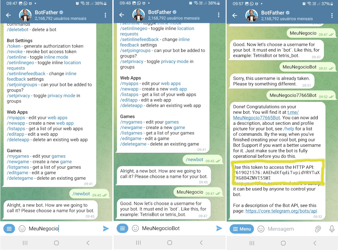 Configuração do Telegram - etapas finais