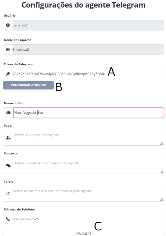 Exemplo de token fornecido pelo BotFather
